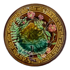 French Choisy Le Roi Majolica Greek Key & Florals Plate, C.1880