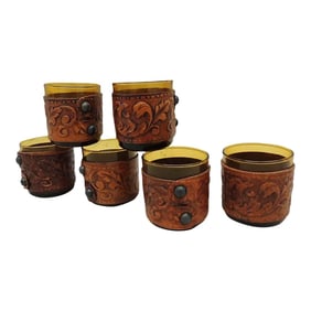 Vintage Hand Blown Shot Glasses Wrapped in Embossed Leather - Set of 6