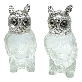 Austrian Art Deco 'Rock Crystal' & Sterling Owl Salt & Pepper Shakers - a Pair