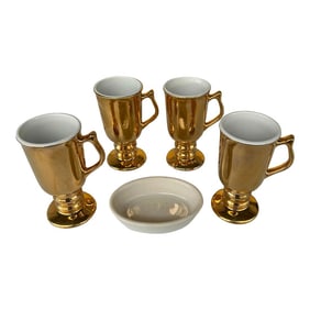 Mid Century Gold Irish Mugs and Dish by Hall China - Set of 5