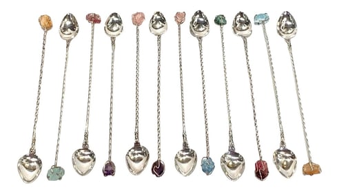 Late 20th Century Modern Sterling '.800 Silver' & Multicolored Quartz Ice Tea Spoons - Set of 12