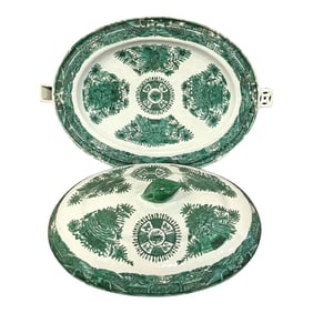 19th Century Chinese Export Green 'Fitzhugh' Hot Water Platter- Tureen *