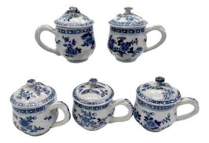 Qing Dynasty, Qianlong Blue & White Floral Syllabub Cups & Covers - Set of 5