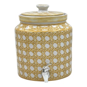 Early 21st Century Ballard Designs Faux Wicker Cane Ceramic Drink Dispenser Holds 8 Quarts