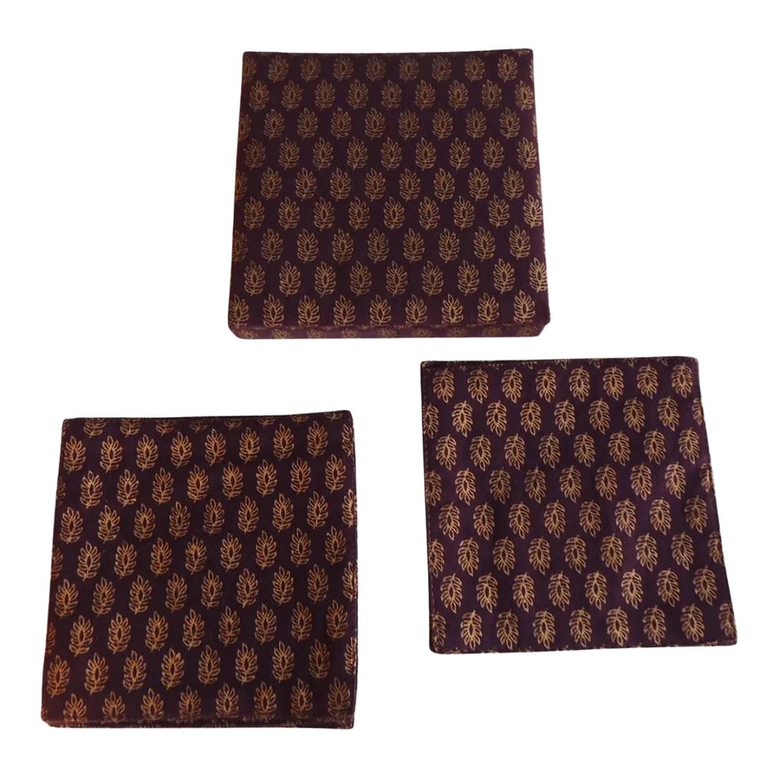 Silk Gold Stamped Drinks Coasters Double Sided- Set of 6: Set of six (6) silk gold stamped drinks coasters double sided In their original box Size: 5 x 5 x 0.25. Condition: Alterations: Unknown Imperfections: Some Imperfections Condition Notes: Good Dimensio