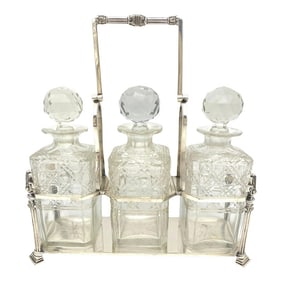 Antique English Silverplated Neoclassical Three Cut Glass Decanter/ Tauntless
