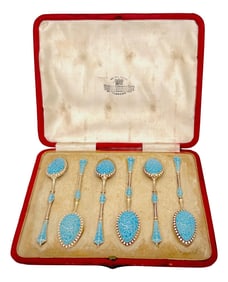6 Russian Style Enamel Sterling Spoons, George Edward & Sons, Glasgow, 1888