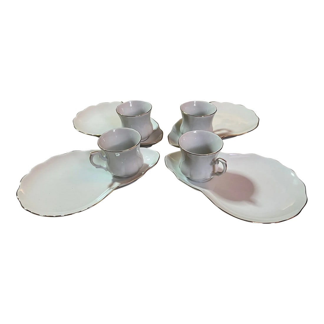 Vintage White & Gold China Sandwich Plate With Cup Set- 8 Pieces: Vintage 1950‚Äôs white bone china sandwich plate trimmed in gold. Has matching tea cups. Plate measuring 9.25‚Äù x6.25‚Äù . Cup measuring 2.75‚
