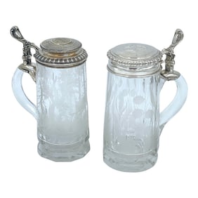 Two Bohemian Engraved Glass Stag & Clover Motif .800 Silver Mounted Steins
