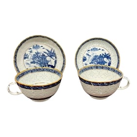 19th Century Blue & White Nanking 'Rice Grain' Cups & Saucers, Qianlong Marked - a Pair