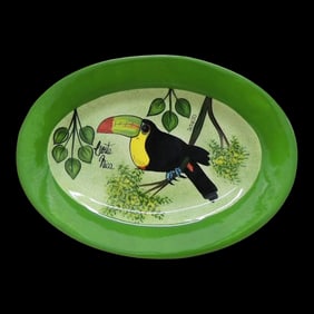 2000s Oval Hand-Painted Decorative Dish Depicting a Tucan
