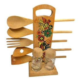 Mid Century Wooden Spoon Holder with Salt & Pepper Set -8 Pieces