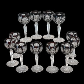Late 19th Century Ruby Red Cut to Clear Cordials - Set of 12