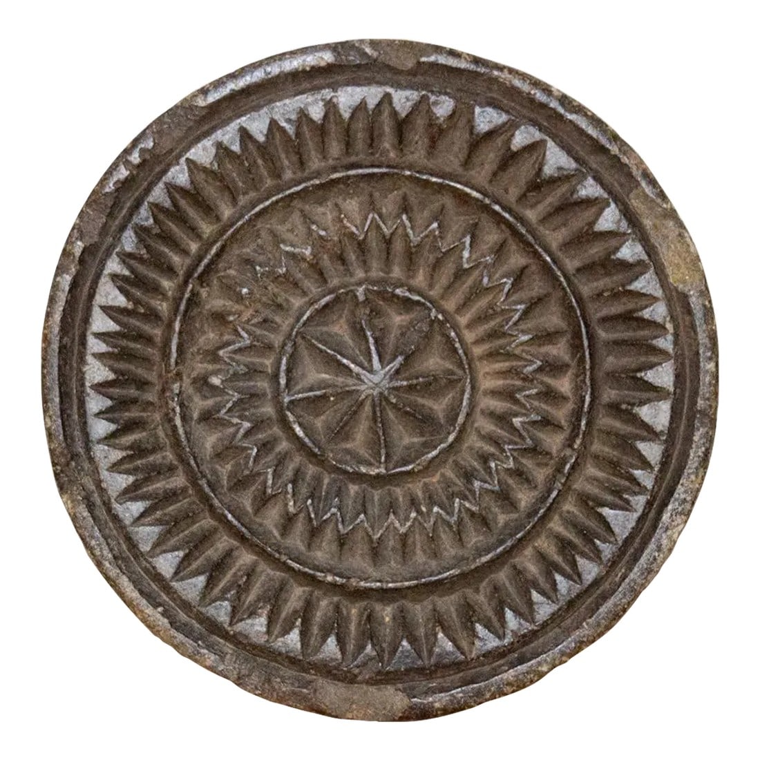 Vintage Floral Carved Plate: Vintage and primitive stone trivet plate, crafted from black stone with hand-carved tribal and geometric designs. Originally this piece was used to make Indian cooking molds. Great as a table top acce