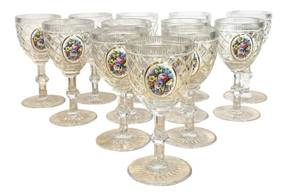Early 20th Century Moser Floral Enameled Cut to Clear Enamel Water/Wine Goblets - Set of 12