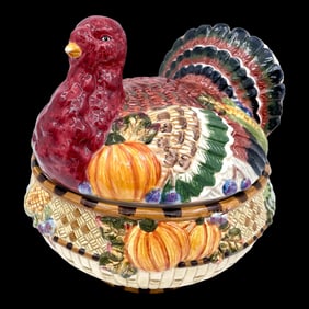 1990s Majolica Style Turkey Tureen Centerpiece With Lid and Ladle