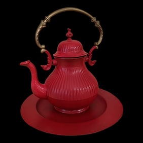 Vintage Red Tea Pot & Plate Set- 2 Pieces