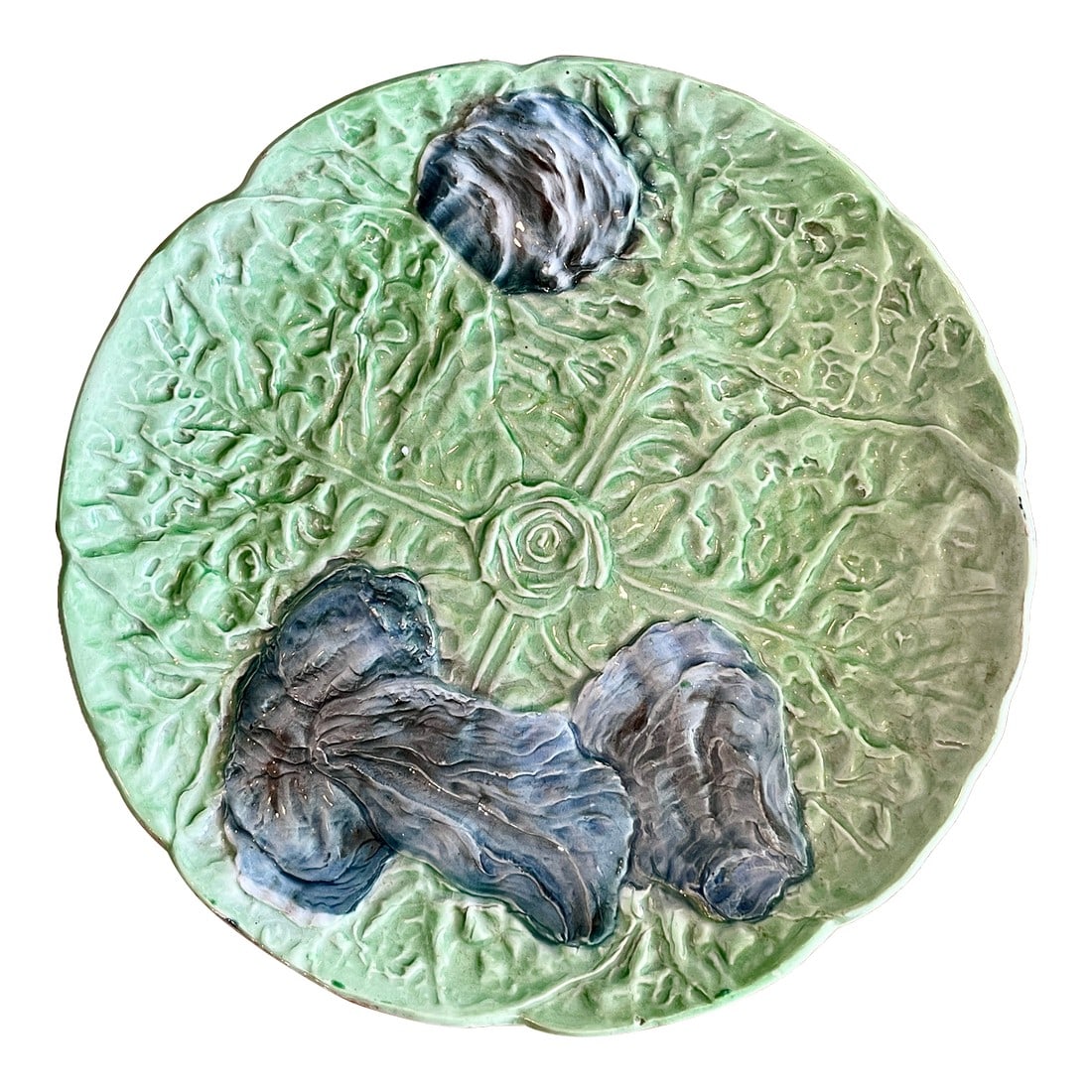 French Antique Majolica Plate, Oysters on a Bed of Lettuce Leaves, H. Boulenger C.1890: Just arrived this beautiful rare French Majolica Plate in the Bernard Palissy style, Oysters on a Bed of Lettuce Leaves, by H. Boulenger, also called Choisy le Roi, C.1890 . Stamped at the back and ma