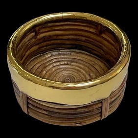 1970s Italian Bamboo/ Rattan Wine Coaster With Polished Brass Rim