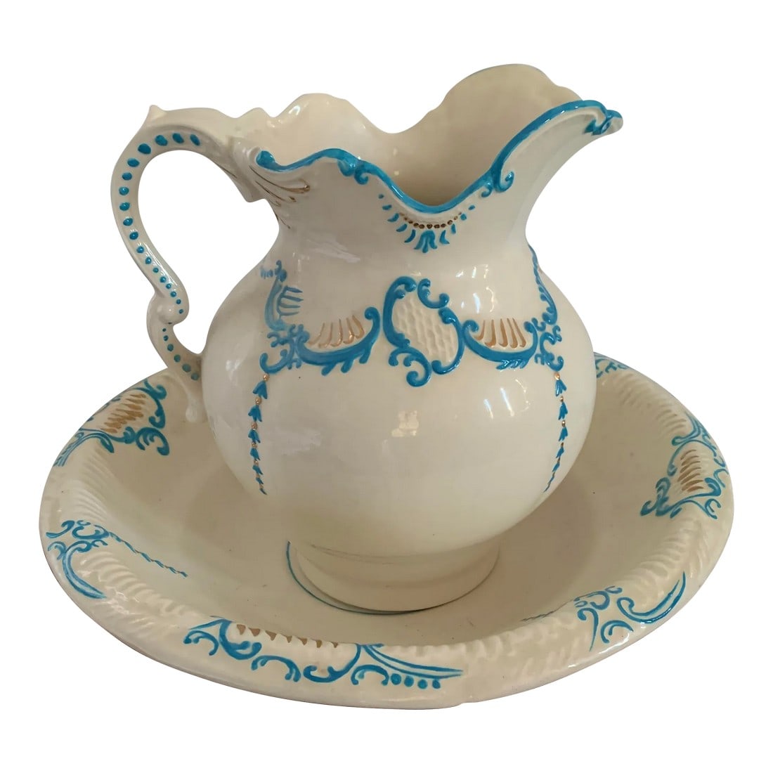 Vintage Large Water Pitcher & Basin- 2 Pieces: Beautiful hand painted large ceramic water pitcher and bowl. Hand painted white with aqua blue and gold accents. This Looks like Arnels Pottery. This was a gift from coworkers at Bluecross to my Grand