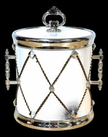 Elegant Hollywood Regency White & Silver Drum Form Ice Bucket/Cooler