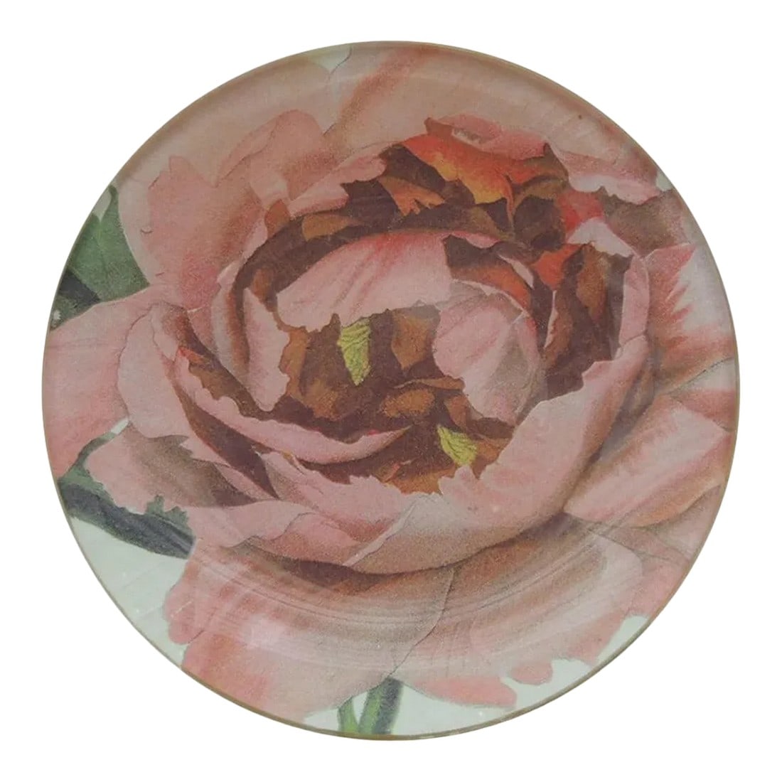 Small Round Pink Peony Decoupage Decorative Coaster: Small round pink peony decoupage decorative coaster Signed by Victoria Fischetti. Size: 5 ¬º‚Äù D x .25" H. Condition: Alterations: Unknown Imperfections: Some Imperfections