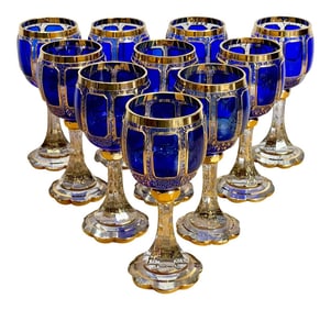 Early 20th Century Moser Gilt Enameled Cobalt Paneled Goblets, C 1930s - Set of 10
