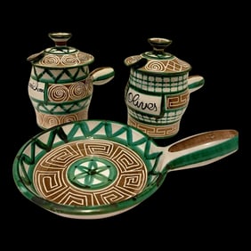French Ceramist Condiment Set & Poelon, Signed, Robert Picault, c.1950