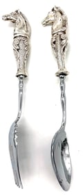 Italian Sterling Silver Figural Horse Head & Silverplate Salad Set, Fork & Spoon - Set of 2