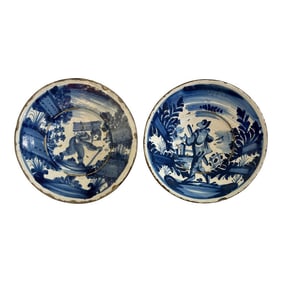 18th Century Dutch Delft Pottery Blue and White Figural Plates, A-Pair