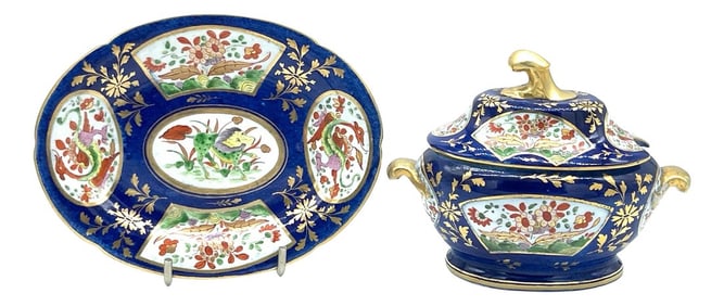 Chamberlains Worcester 'Africa' Pattern Cobalt Diminutive Tureen & Platter - Set of 3