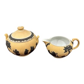 Wedgwood Yellow Dip Jasperware & Black Basalt Sugar & Creamer, C 1900