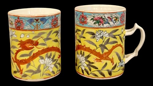 19th Century Chinese Export Famille Verte Yellow Dragon Motif Mugs - a Pair
