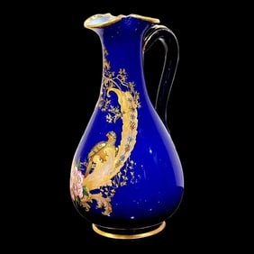 19th Century Magnificent French Cobalt Gilt Enameled Ewer, Bird of Paradise in Landscape