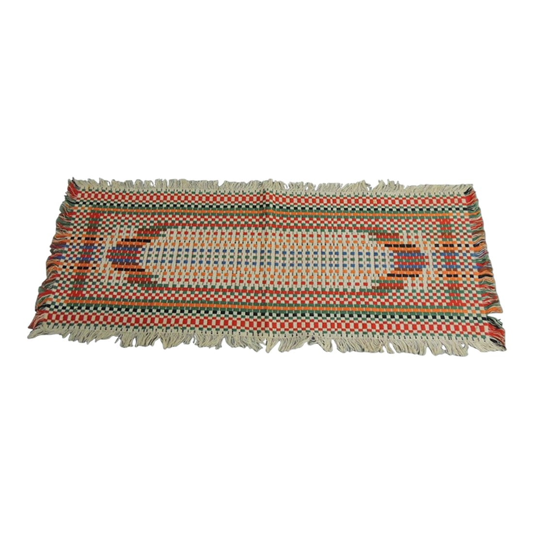 Vintage Anatolian Orange and Red Woven Table Runner: Vintage Anatolian Orange and Red Woven table runner with fringes. Size: 13.5"H x 33"L Condition: Alterations: Original Condition Unaltered Imperfections: Some Imperfections Condition Notes: good Dimen