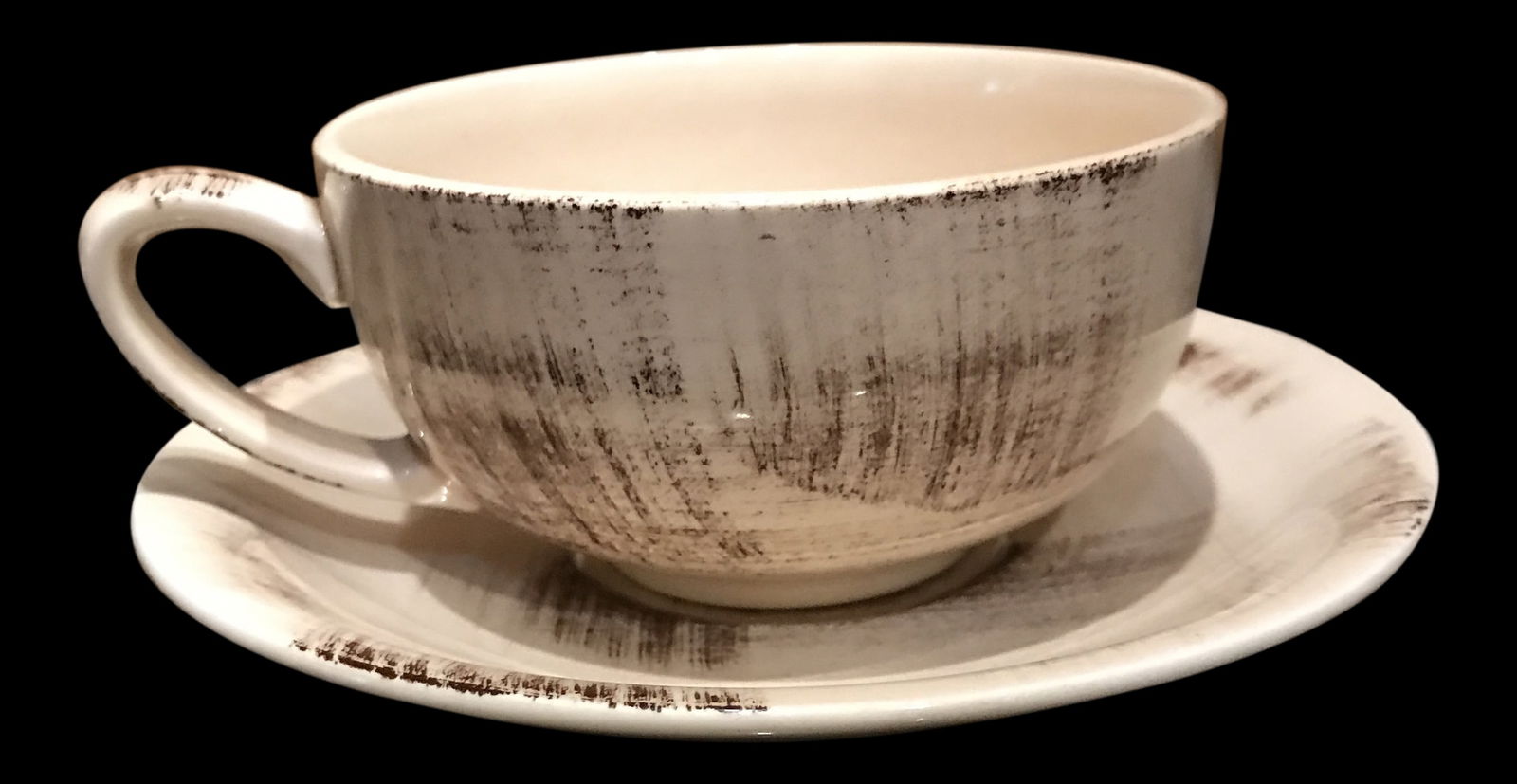 Metlox Barkwood Vernon Ware Tea Cup and Saucer: Modern style coffee cup and saucer made by Metlox between 1963and 1958. Style is bark wood or Poppytrail. This Vernonware is beige with brown paint marks. Condition: Alterations: Original Condition Un