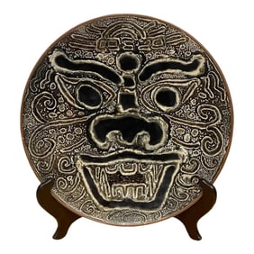 Mid 20th Century Modern Chinese Export Enamel Foo Dog Motif Charger With Stand