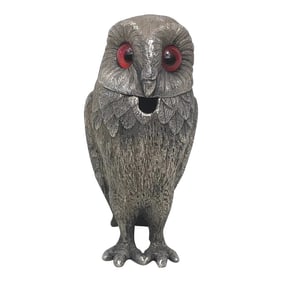 1940s Small Hallmarked Silver Plate Owl Mustard Pot With Red Glass Eyes