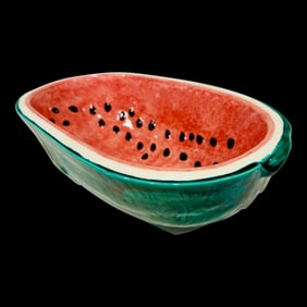 Vintage Watermelon Glazed Pottery Serving Bowl - Green Red Oval Bowl