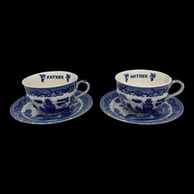 Vintage "Mother" and "Father" Blue Willow Teacups and Saucers Set- 4 Pieces