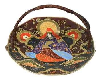Beautiful Japanese Satsuma Handled Large Serving Plate-22k Gold Outline Design-Woven Handle