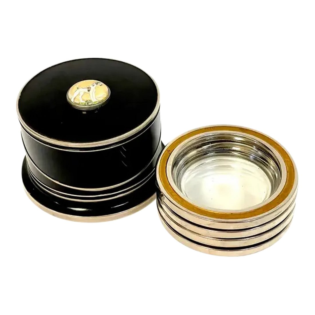 Early 20th Century Art Deco Black Enameled & Crystal Dog Intaglio Motif Coaster Box Set: Art Deco Black Enameled & Crystal Dog Intaglio Motif Coaster Box Set Germany, circa 1930s A unique set of Art Deco useable barware, appearing as a small jewel like round black enameled box with a reve