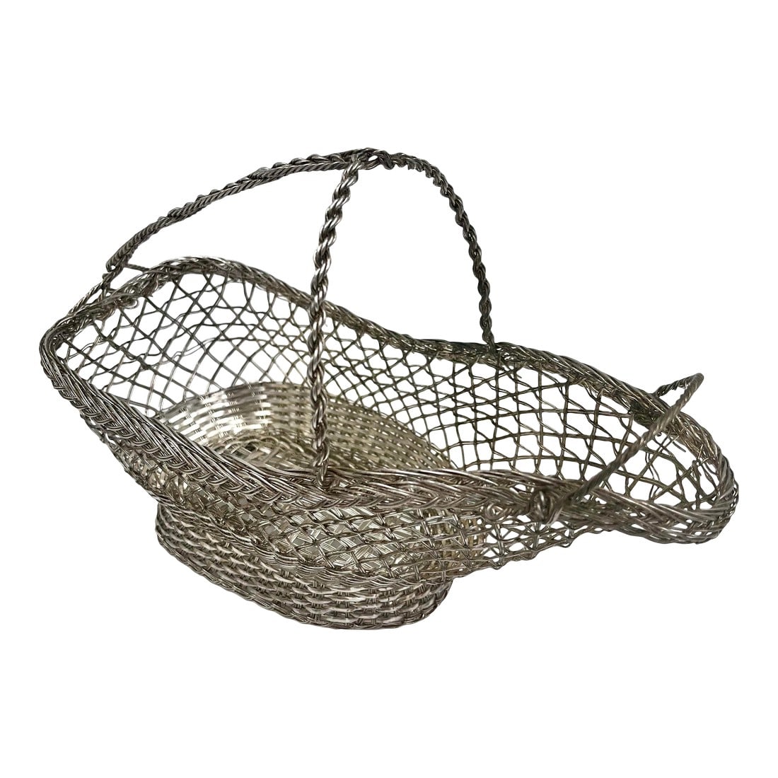 1950s French Handwoven & Braided Silverplate Wire Wine Holder: This 1950s French Wine Caddy, Wine Holder, Wine Cradle, Wine Bottle Basket is made of silverplate wire that has been beautifully handwoven and braided. It can be used to serve wine at your table or as