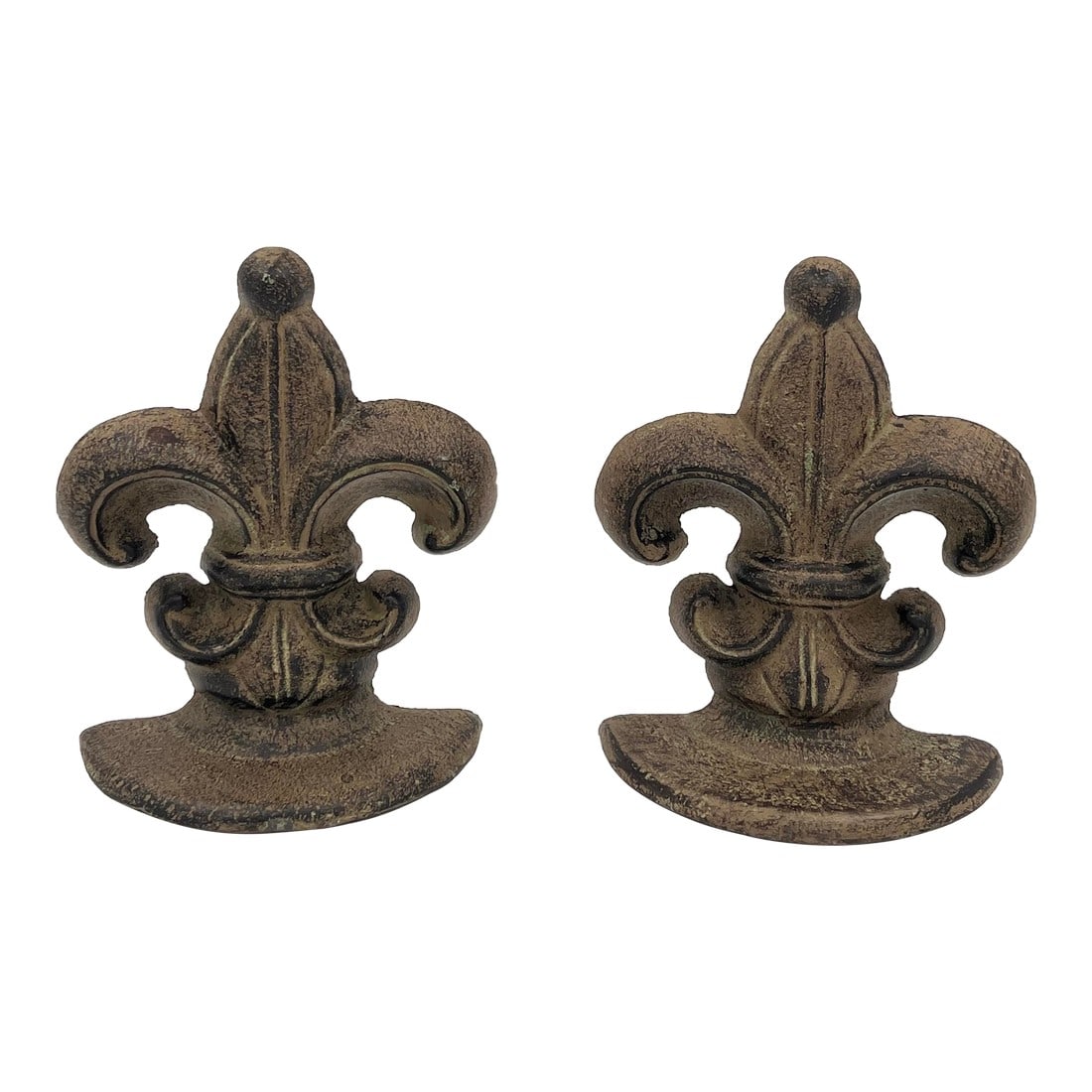 Vintage Cast Iron Verdigris Finish Fleur De Lis Bookends or Doorstops - A Pair: Vintage Cast Iron Fleur De Lis Bookends or Doorstops with a Bronze and Verdigris Painted Finish - A Pair. They feature an intentionally distressed appearance with a painted bronze and verdigris finish