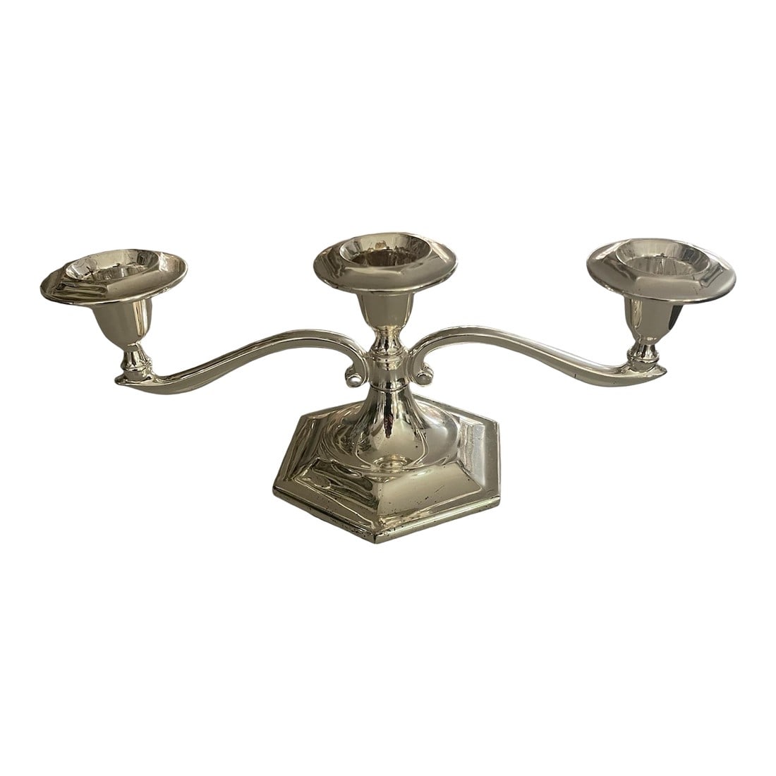 1960s English 3 Arm Silver Plated Candelabra: Pretty Silver plated on zinc 3 arm candelabra made in England. Circa 1960s. Condition: Alterations: Original Condition Unaltered Imperfections: Some Imperfections Condition Notes: Some patina on botto