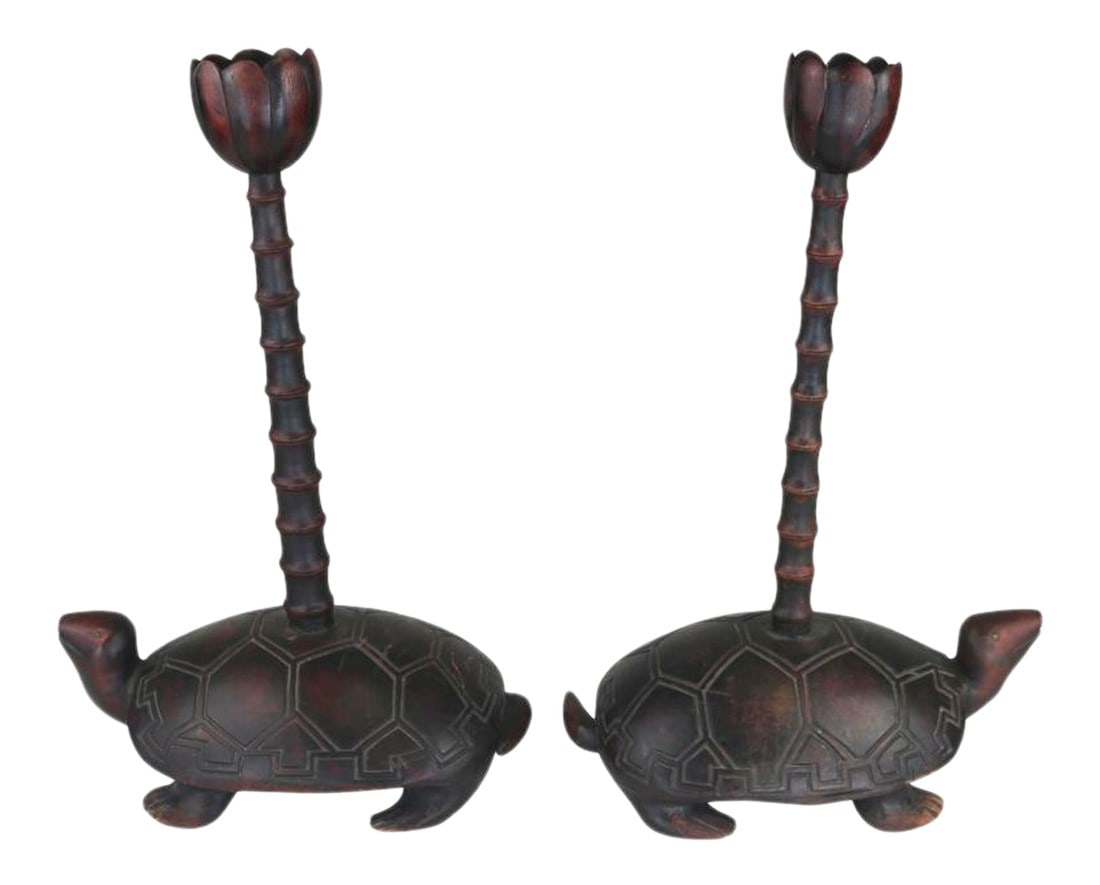 Folk Art Antique Carved Wood Turtle-Lotus Flower Candlabras- a Pair: Distinctive Folk Art early to Mid-Century wood carved turtles on carved wood bamboo poles topped with lotus leaf cupped candleholders. A fantastic look for a console or dining table. Provenance:From t