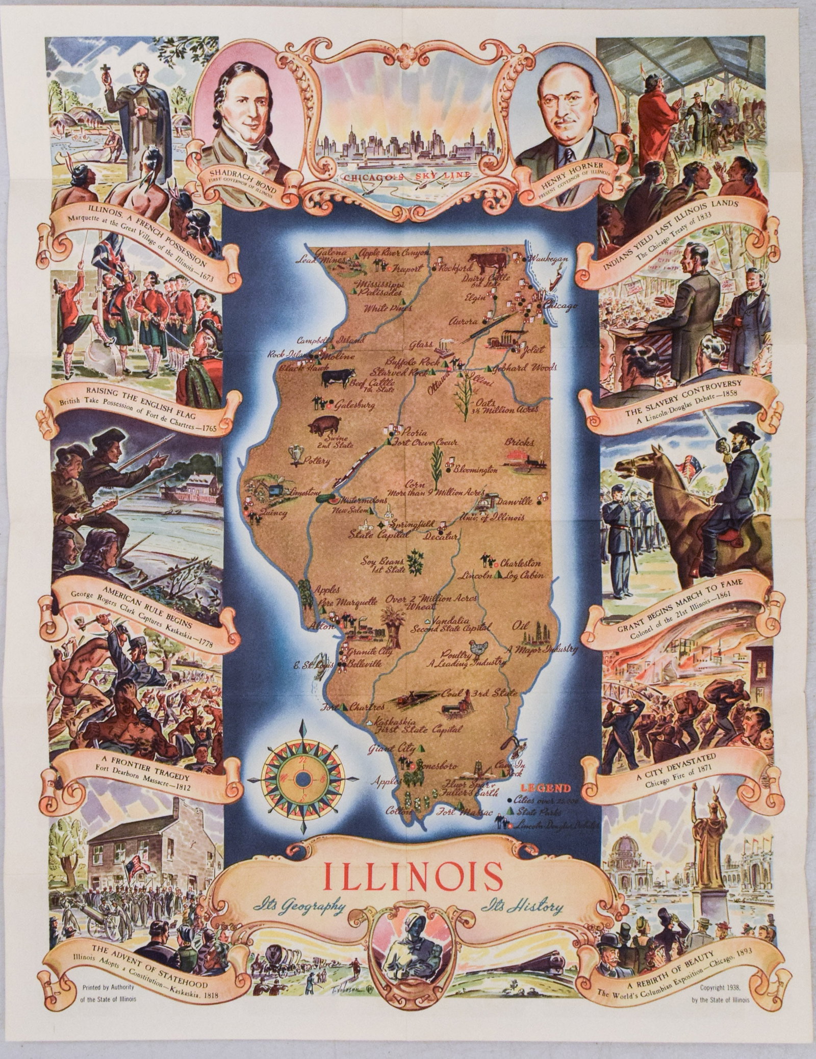 1938 Pictorial Map of Illinois -- Illinois: Title:1938 Pictorial Map of Illinois -- Illinois Cartographer:State of Illinois Year/Place:1938 Map Dimension(in.):20.6 X 15.8 in. Description:This is a very nice pictorical map of Illinois showing it