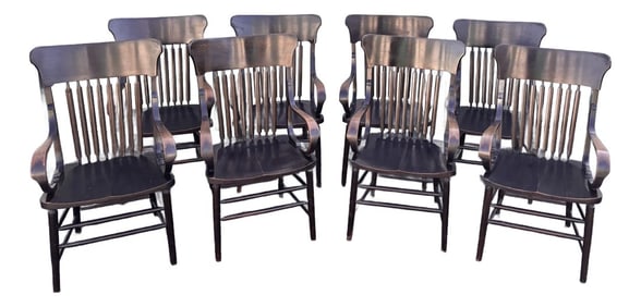 Antique Fraternal Lodge Oak Arm Chairs- Set of 8