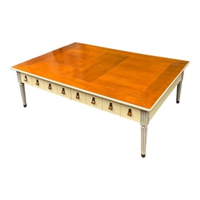 20th-C. French Grange Gray Painted Swedish Modern Style Coffee Table W/ Leather Pulls