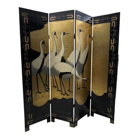 Asian Room Divider Crane & Gold Leaf Four-Panel Screen